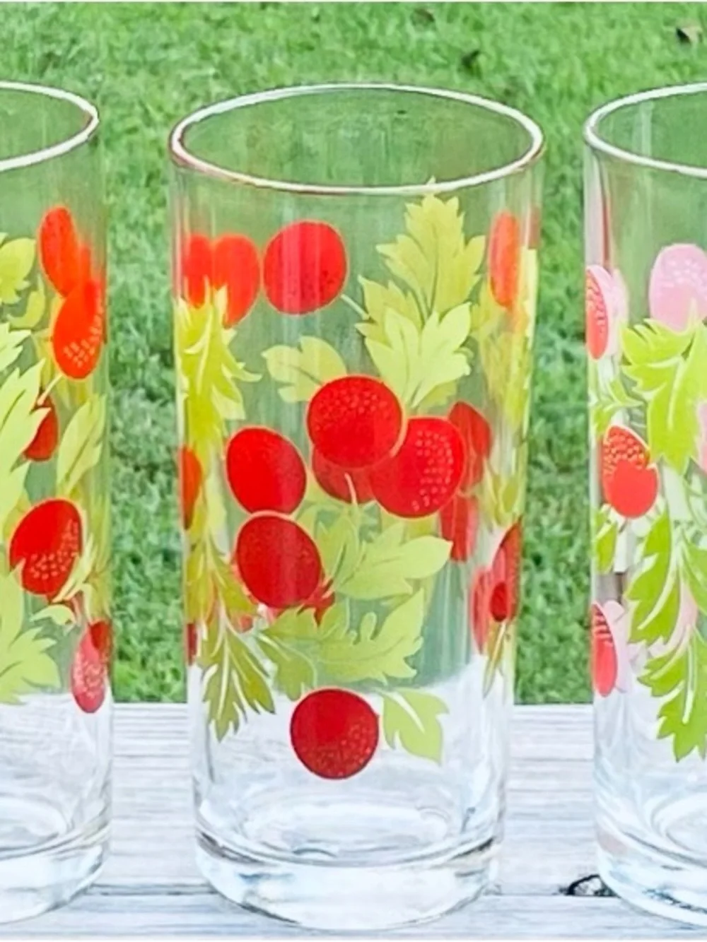 Vintage Cherry-Print Highball Juice Glasses - Set of 3  with T&W stamp